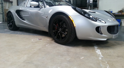 David Came In and wanted his Lotus To have a more custom look so we repaired and powdercoated his rims with a High Gloss black  Here the final Product