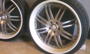 ken-yon brought the set of Savana came in forged wheels need a custom make over and need to be converted from a bmw wheel to mercedes they had sine curb rash and looked dull so we gave them the rimspec treatment